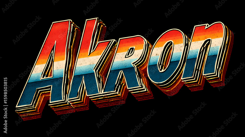 Wall mural akron city name written in retro style chrome text effect isolated on transparent background