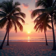 Sunset Beach Scene with Palm Trees and Retro Color Tones