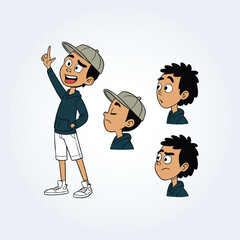 a character illustration of a boy with different facial expressions, wearing sports shorts