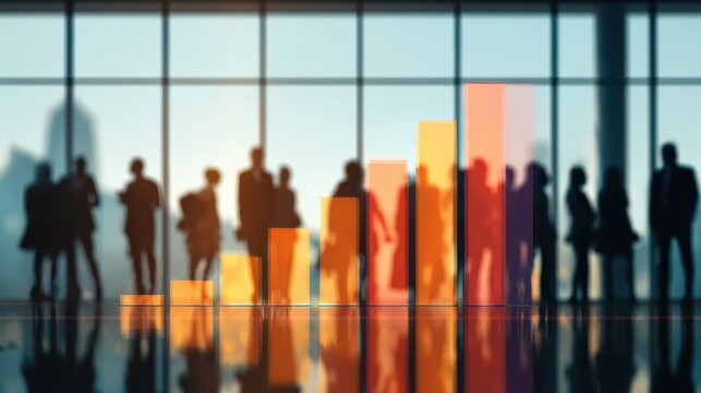 Colorful bar chart in front of blurred business people in big office. Business people standing behind bar chart.