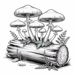 Detailed pencil sketch of mushrooms growing on a fallen log