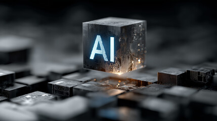 Glowing AI cube above black-gray stacked cubes, symbolizing artificial intelligence with dramatic lighting effects, 3d render of a glowing cube AI text on a black background.