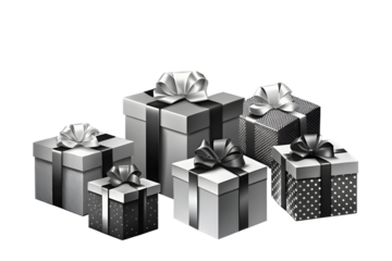 A collection of various sized gift boxes with decorative bows and ribbons presented in a monochromatic grayscale palette