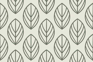 Repeating pattern of thin linear leaves in muted green on a light cream background leaf pattern seamless pattern
