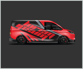 Red Van with Black and Gray Graphics on a Dark Gray Background