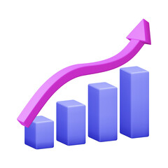 3d minimal data analysis icon. soaring finances. Strengthening currency. A bar graph with an arrow rising. 3d illustration.