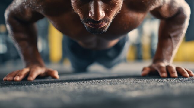 Fit man doing pushups on floor in gym,sports,copy space,healthy fitness concept.