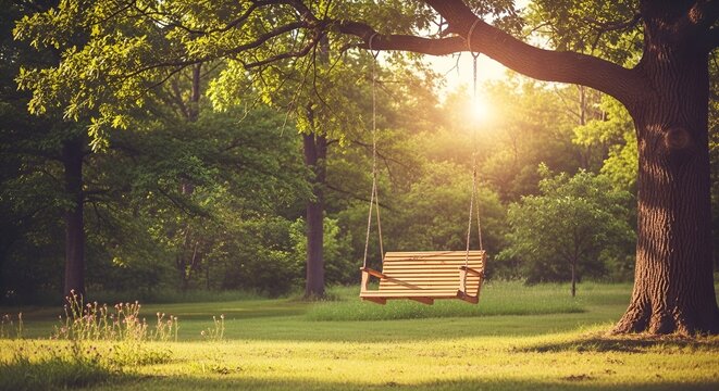 Wooden swing hangs peacefully in a sunlit forest clearing. - Powered by Adobe