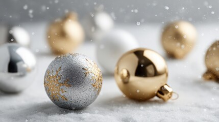 Elegant Minimalistic Arrangement of Metallic Silver and Gold Christmas Baubles Creating a Luxurious Festive Atmosphere for Holiday Celebrations