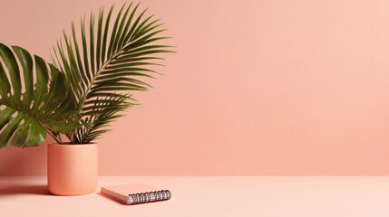 Tropical plant in a pink pot with stylish accessory on pink background