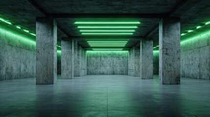 Modern underground concrete hall with green neon lights, empty room background