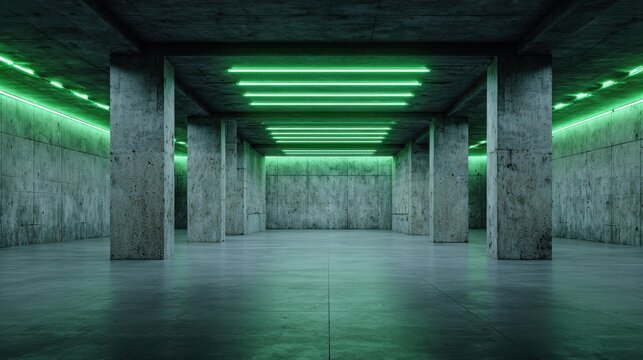 Modern underground concrete hall with green neon lights, empty room background