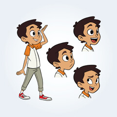 a character illustration of a boy with different facial expressions, with black hair