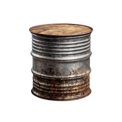 rustic metal drum used as outdoor food table base isolated die-cut