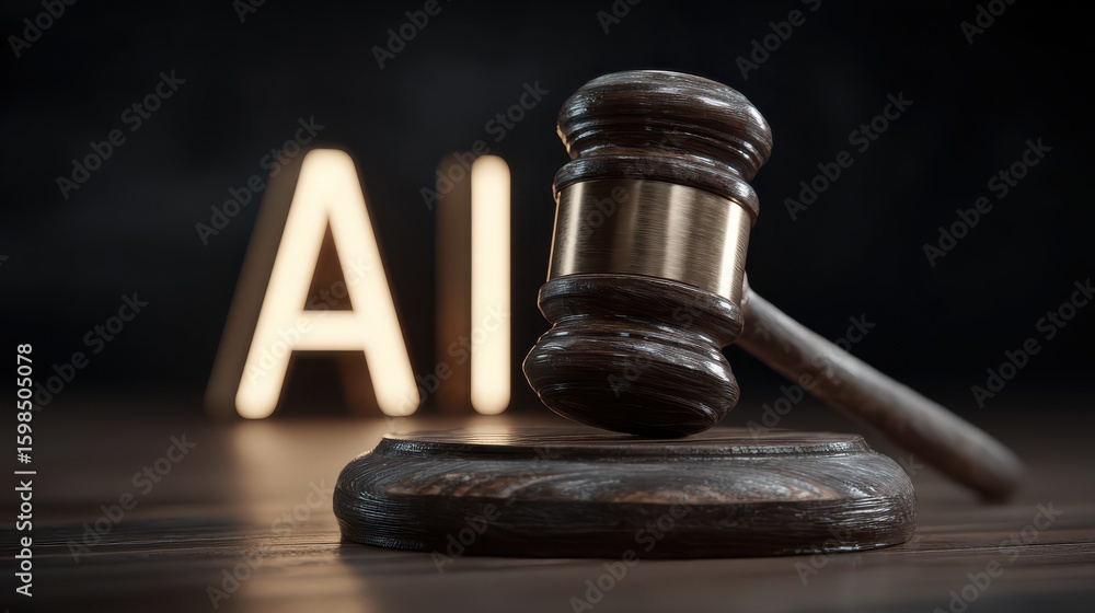 Poster wooden judge gavel resting on its sounding block with large ai lettering displayed on a screen in th