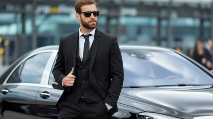 Stylish male chauffeur in a black suit and sunglasses standing confidently beside a luxury car outside a modern airport terminal.