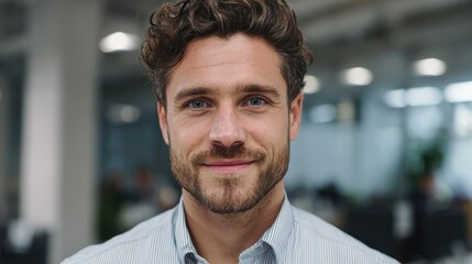 Obraz premium Smiling handsome young businessman in office looking at camera, headshot close up corporate portrait