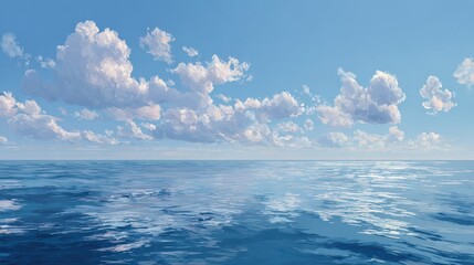 Obraz premium Calm, blue ocean water reflects the sunlight under a soft blue sky filled with gentle, puffy white clouds along the distant horizon