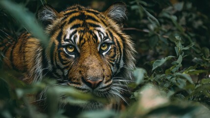 Fototapeta premium Majestic tiger with vibrant yellow and black stripes gazing intensely amidst lush greenery in natural habitat.