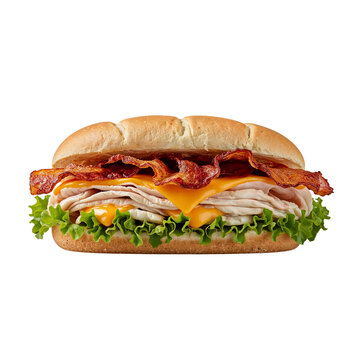 Delicious turkey and bacon sub sandwich generously filled with lettuce, cheese and crispy bacon presented on a light bun for a satisfying meal.