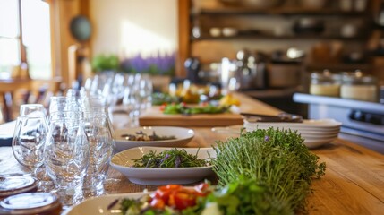A culinary class in progress with various dishes and glasses on a wooden table.