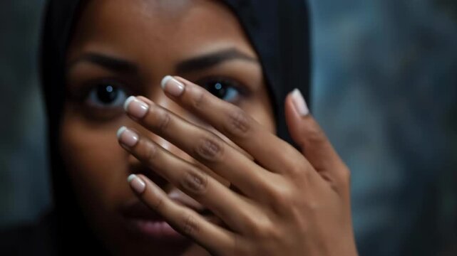 A woman's hand is raised in front of her face, blocking her view. Concept of protection and privacy, as if the woman is shielding herself from something or someone