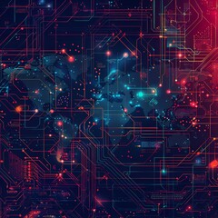 Circuit Board Design Overlaid on a World Map with Red Hues
