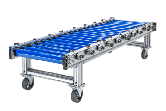 3d industrial roller conveyor system with blue belt isolated on transparent background