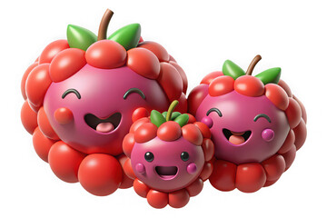 Fototapeta premium Three happy cartoon raspberries with cute faces and green leaves on a black background