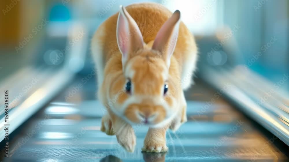 Poster a rabbit is running on a treadmill. the rabbit is orange and he is enjoying the exercise