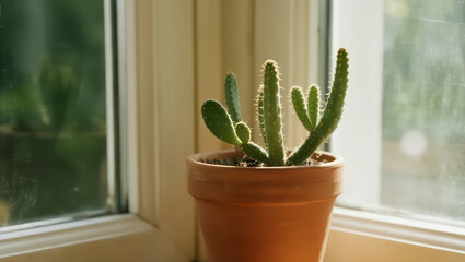 Close-up of a small cactus plant in a terracotta clay pot placed on a bright sunny windowsill. Natural light streaming through the window creates warm highlights and soft shadows. Perfect for themes