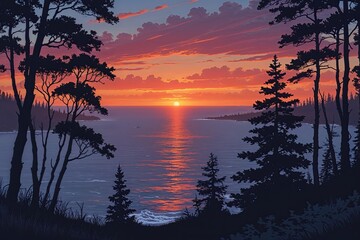 Fototapeta premium Serene Sunset Viewpoint Over Ocean and Forest Silhouette in Tranquil Wilderness