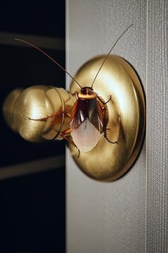 A cockroach crawling on a doorknob, a close up view of a roach on the handle of an entry door to a home. Front door, A pest entering a home through the front door.Brass door handle, macro view 
