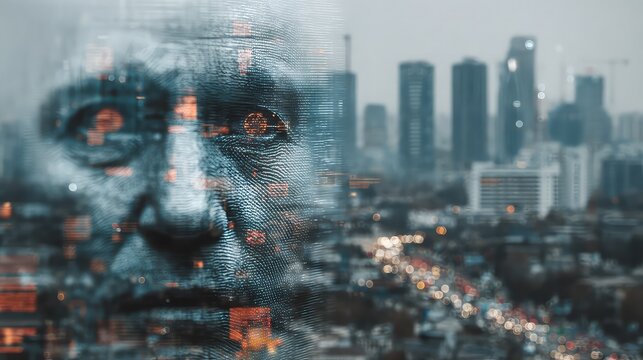 High-tech surveillance monitors biometric data in cityscape, representing digital security, AI urban analytics, and predictive public safety through facial recognition.