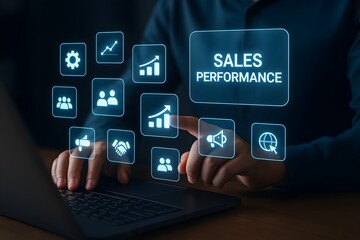Conceptual image of sales management and business analytics, focusing on a user engaging with a computer and visual elements related to optimizing sales strategies and achieving targets.