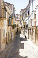 Obraz premium Charming narrow street in Trujillo, Extremadura showcasing traditional architecture and cobblestone paths during sunny daytime