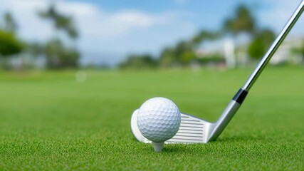 Golf swing precision: closeup club and ball impact on lush green