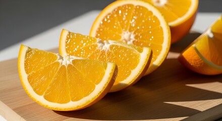 Sliced oranges arranged on a wooden board, showcasing their juicy texture and bright color.