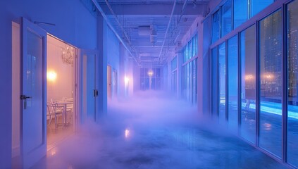 Obraz premium A dimly lit, foggy hallway bathed in purple and blue light