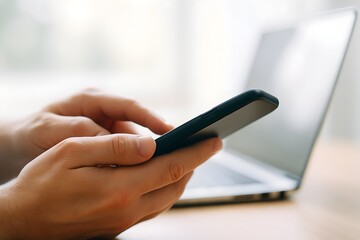 Hands typing or swiping on a smartphone screen, with a workspace setting indicated by the laptop in the background.
