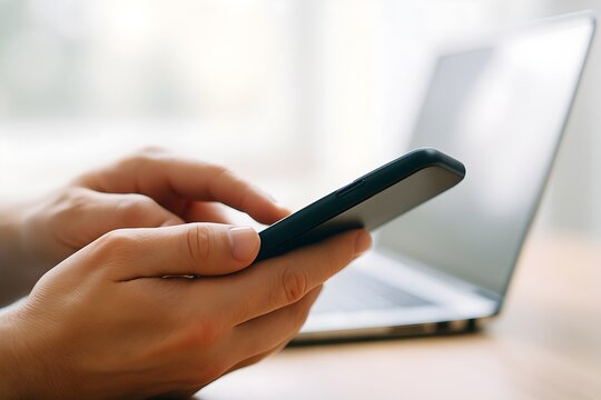 Hands typing or swiping on a smartphone screen, with a workspace setting indicated by the laptop in the background.