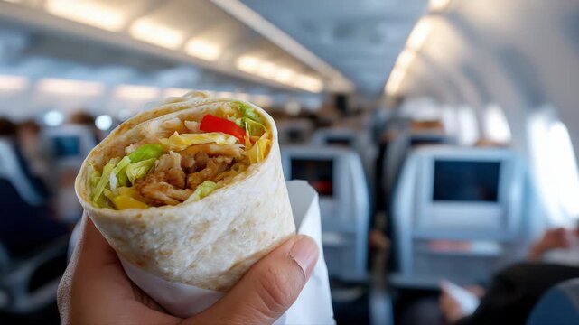 Enjoying a flavorful wrap during an airplane journey with passengers relaxed on the flight