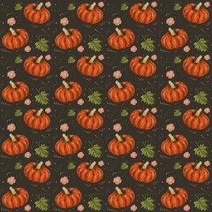 Seamless pattern of hand-drawn orange pumpkins with green leaves and pink flowers on a dark background