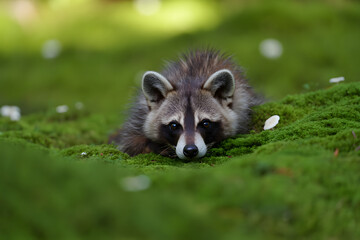 Fototapeta premium Curious Raccoon in Mossy Bed: A captivating image of a raccoon nestled amidst vibrant, plush moss, its curious gaze fixed forward, illuminated by soft, natural light.