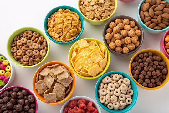 Variety of cereals in colorful bowls offer a vibrant and delicious breakfast option