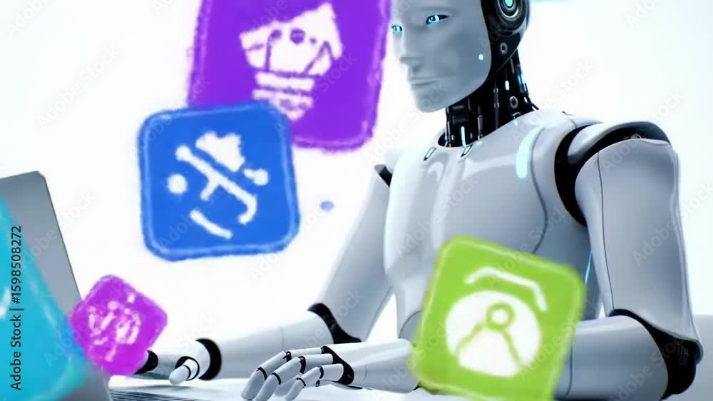 Poster futuristic robot interacting with digital icons on laptop showcasing technology and innovation. conc
