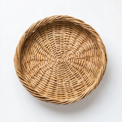 Top view of handmade round woven basket with spiral texture, isolated on white background. Ideal for rustic design, packaging, or eco-style product presentation.