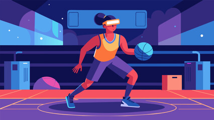 A digital avatar player dribbling and practicing crossover moves in a virtual reality gym with realistic crowd noise and court sounds.. Vector illustration