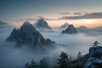 Enchanting Foggy Mountain Peaks Shrouded in Mist at Sunrise