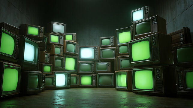 Retro vintage televisions stacked in a dark room with glowing green and white screens, cinematic moody cyberpunk atmosphere - Powered by Adobe
